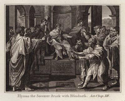 Raphael tegneserie: Elymas the Sorcerer Struck with Blindness, Acts, Chap XIII (gravering) av after Raphael