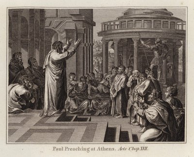 Raphael tegneserie: Paul Preaching at Athen, Apostlenes gjerninger, kap XVII (gravering) av after Raphael