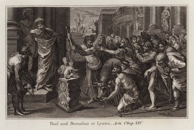 Raphael tegneserie: Paul og Barnabas i Lystra, Apostlenes gjerninger, kap XIV (gravering) av after Raphael