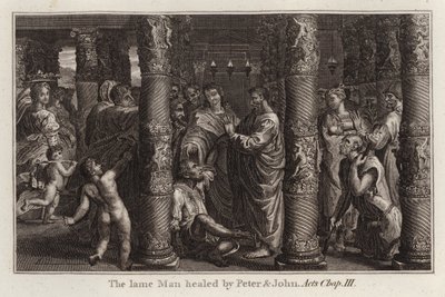Raphael tegneserie: Den lamme mannen helbredet av Peter og Johannes, Apostlenes gjerninger, kapittel III (gravering) av after Raphael