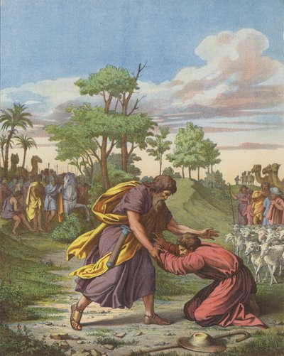 Forsoning av Jakob og Esau (farge litho) av after Raphael