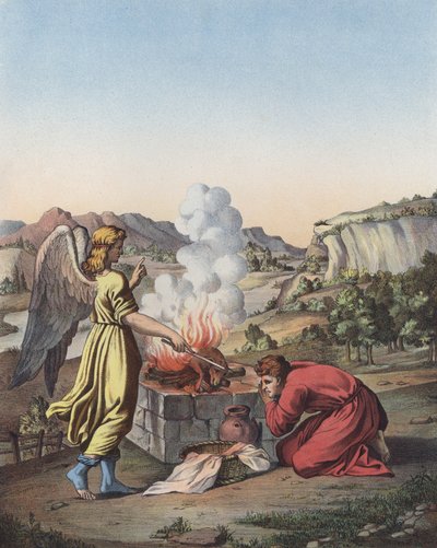 Engelen dukker opp foran Gideon (farge litho) av after Raphael