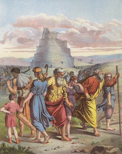 Babelstårnet (farge litho) av after Raphael