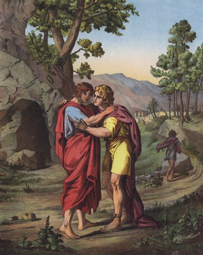 Det siste møtet mellom David og Jonathan (farge litho) av after Raphael