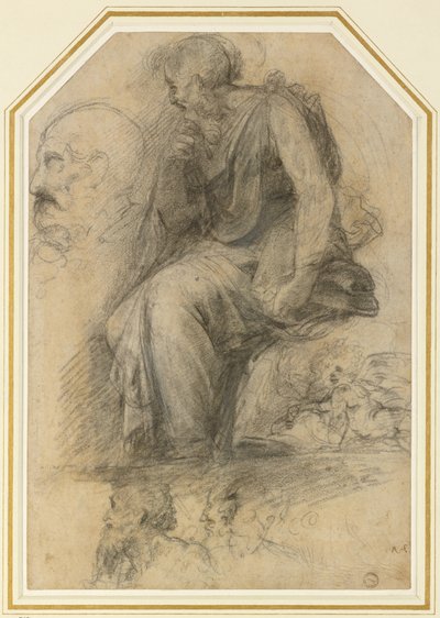 En mannlig helgen, sittende (St Paul): Study for the Disputa, WA1846.189 (kull med hvit forhøyning) av Raphael