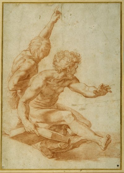 Nakenstudier for St. Andrew og en annen apostel i 'The Transfiguration' (rødt kritt over stylusinnrykk på krempapir) av Raphael