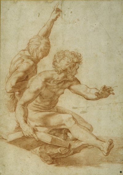 Nakenstudier for St. Andrew og en annen apostel i 'The Transfiguration', ca. 1517 (rødt kritt over stylusinnrykk på krempapir) av Raphael