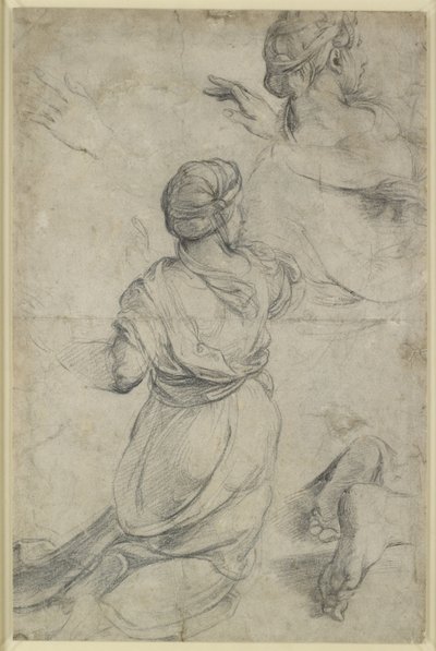 Recto: Studies for two kneeling Women, WA1846.198 (black chalk) av Raphael