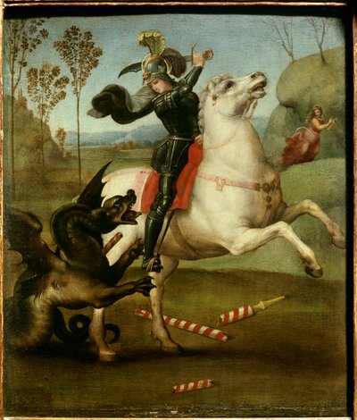 Saint George som kjemper med dragen Raphael (1483-1520/italiensk) Olje på trepanel - "" Saint Georges sliter med dragen""" Maleri av Raffaello Sanzio (Raphael) (1483-1520) 1505 Søn. 0,29x0,25 m av Raphael