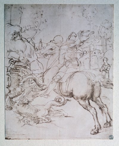 St George and the Dragon - Tegning, ca. 1505 av Raphael