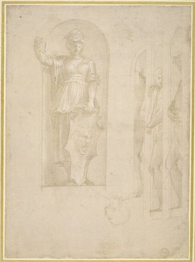 Studier for en figur av Minerva og andre statuer (sølvpunkt med hvit forhøyning på papir) av Raphael