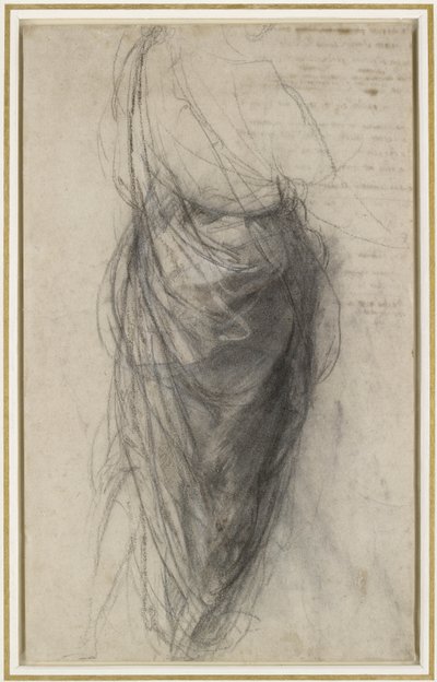 Studie for draperiet til en mann i bakkant (svart og hvitt kritt med brunsvart kritt, delvis stumpet, på blekt gulfarget papir) av Raphael