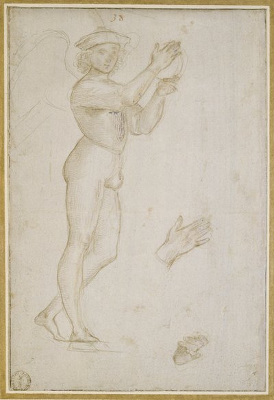 Studie av en ung mann som lager musikk (sølvpunkt, forsterket med kroppsfarge, på et blekt steingrå preparat) av Raphael