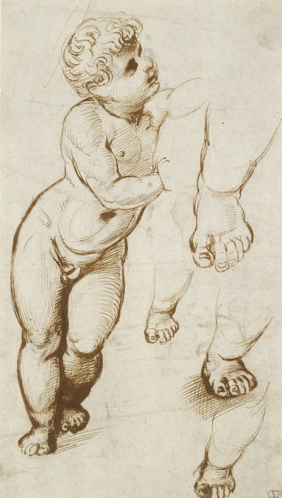 The Infant Christ and other Studies (penn og mørkebrunt blekk over foreløpige indikasjoner i ledepunkt, på hvitt papir) av Raphael