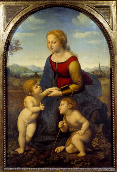 Jomfruen har et barn med den lille Saint John, eller den vakre gartneren Maleri av Raffaello Sanzio dit Raphael (1483-1520) 1507 Søn. 1,22x0,8 m av Raphael