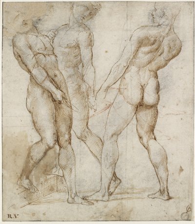 Tre nakenbærere (studie for entombment of Christ), WA1846.173 (penn og brunt blekk over svart kritt, med rødt kritt over geometriske indikasjoner) av Raphael