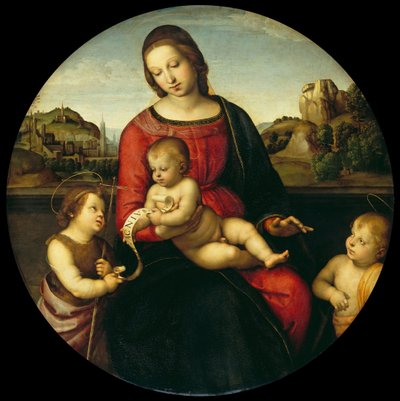 Maria med barnet, døperen Johannes og en hellig gutt Madonna Terranuova, ca. 1505 av Raffaello Sanzio Raphael
