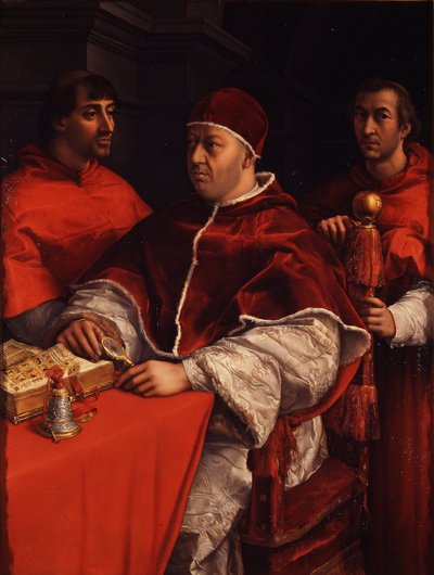 Portrett av pave Leo X med kardinalene Giulio de Medici og Luigi de Rossi, ca 1518 av Raffaello Sanzio Raphael