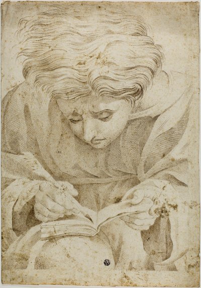 Sittende ungdom skriver i bok av Raphael