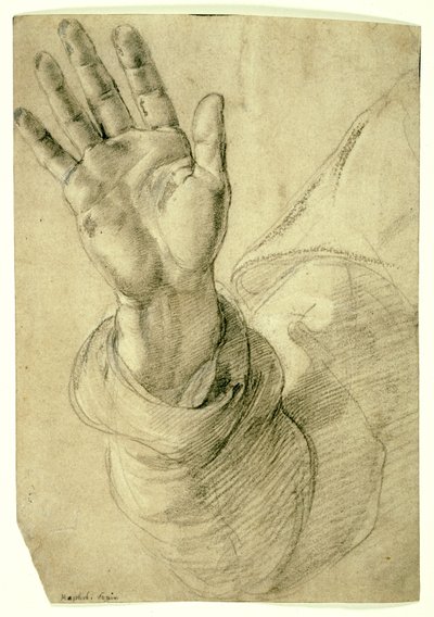 Høyre hånd, med håndflaten vendt utover: Study for Saint Peter, 1518-20 av Raphael