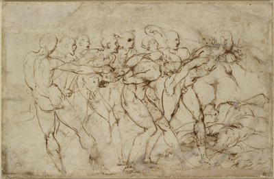 En kamp av nakne krigere med fanger, WA1846.179 (penn og brunt blekk over svart kritt) av Raffaello Sanzio Raphael