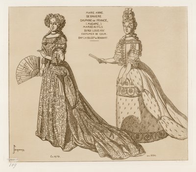 Hofkostymer. Marie Anne de Baviere, Dauphine av Frankrike, gift med sønnen til kong Ludvig XIV. Etter kunstverk i samlingen til Bonnart. av Raphael Jacquemin