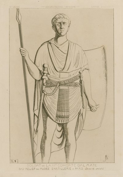 Soldat fra den fjerde dalmatiske kohorten. Basrelieff fra Artillerimuseet i Paris. Unik tegning. Militære kostymer - infanteri - Western Empire. av Raphael Jacquemin