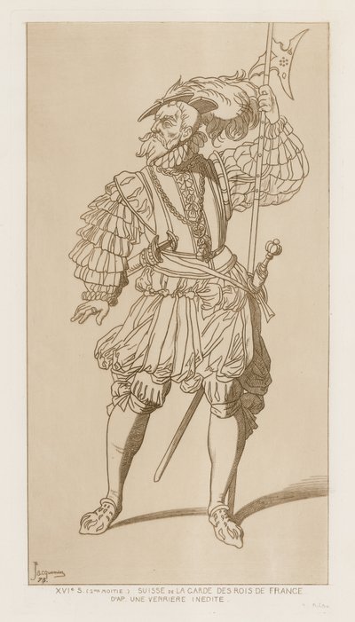 Sveitsisk soldat i la garde des rois de France. Andre halvdel av 1500-tallet. Etter en upublisert verriere. av Raphael Jacquemin