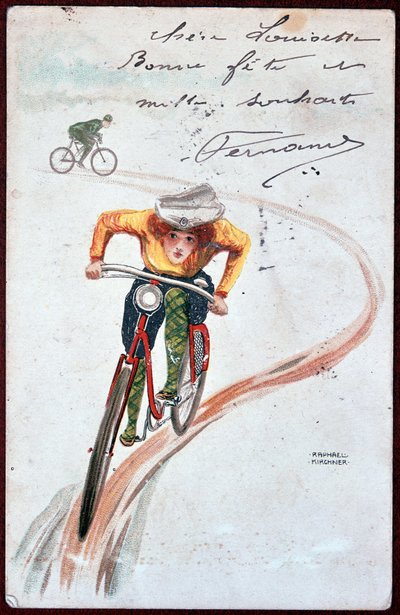 Postkort av en kvinne på sykkel - tegning av R. Kirchner, ca. 1900. av Raphael Kirchner