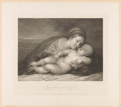 Mary med sovende barn i landskap Parce Somnum Rumpere (tittel på objekt) av Raphael Morghen