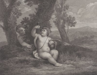 Spedbarnet Bacchus satt under et tre, holdt opp et vinglass, med et annet spedbarn bak..., 1780 av Raphael Morghen