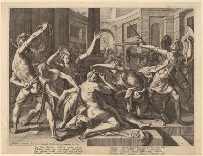 Delilah klipper Samsons hår, 1589. av Raphael Sadeler