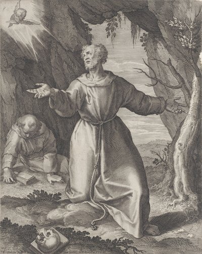 Saint Francis kneler med armene utstrakt, ser mot en kjerub øverst til venstre,..., 1599. av Raphael Sadeler