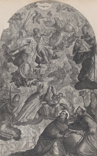Visjonen til Saint Dominic, med Gud Faderen og Kristus øverst i midten, Jomfruen stan..., 1607. av Raphael Sadeler II