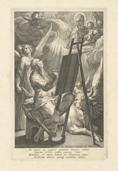 Saint Luke maler jomfruen av Raphael Sadeler I, after Bartholomaeus Spranger