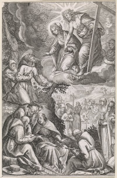 Kristus og Jomfru Maria viser seg for den hellige Frans og hans orden av Raphaël Sadeler (I)
