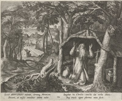 Saint Arnold av Metz som eremitt The Virtuous Life of Hermits (serietittel) Trophaeum vitae solitariae (serietittel) av Raphaël Sadeler (I)