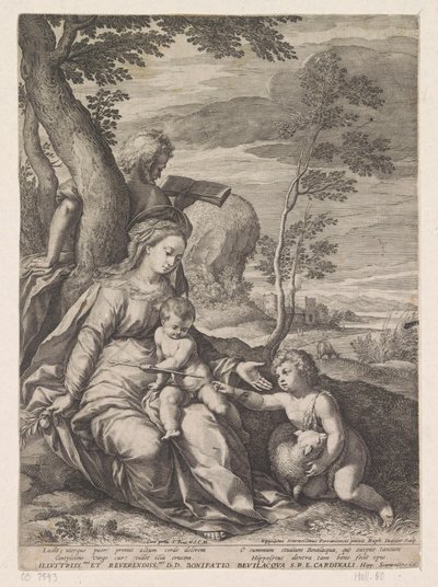 Hellig familie ved et tre med døperen Johannes som barn av Raphaël Sadeler (I)