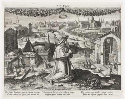 Pietas som personifiseringen av fromhet Pietas (tittel på objekt) Hovedaktiviteter til en prins (serietittel) Schema, seu speculum principum (serietittel) av Raphaël Sadeler (I)