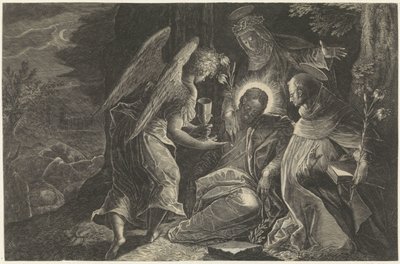 Kristus blir trøstet i Getsemane av en engel, Saint Dominic og Saint Catherine of Siena Lydighetens speil Perfectissimvm Obedientiae Specvlvm (tittel på objekt) Speil av lydighet, kyskhet og fattigdom (serietittel) av Raphaël Sadeler (II)