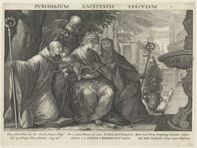 Hellig familie med Saint Benedict og Saint Scholastica Kyskhetens speil Pvrissimvm Castitatis Specvlvm (tittel på objekt) Speil av lydighet, kyskhet og fattigdom (serietittel) av Raphaël Sadeler (II)