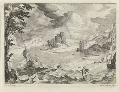 Sjølandskap med Kristus og hans disipler i stormen på Galileasjøen av Raphaël Sadeler (II)