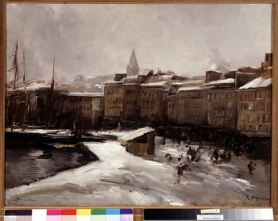 Quai du port, Marseille, under snøen Maleri av Raymond Allegre (1857-1933) Mål 56x74 cm. Obligatorisk omtale: Hilsen de Provence Marseille foundation collection av Raymond Allegre