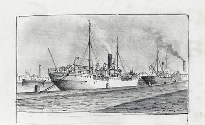 Båter ved kaia (blekk på papir) av Raymond Bonnefon