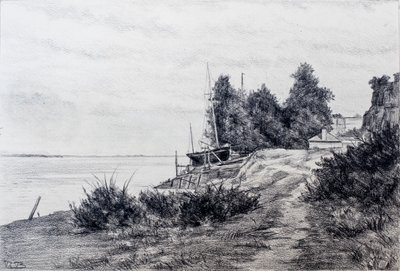 Skipsverft ved Gironde-elvemunningen (blyant og kull på papir) av Raymond Bonnefon