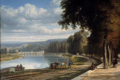 Gå til Parc de Saint Cloud Detail ved bredden av Seinen, hester på slepestien. Maleri av Raymond Esbrat (1809-1856) 1850 Roanne. Joseph Dechelette-museet av Raymond Esbrat