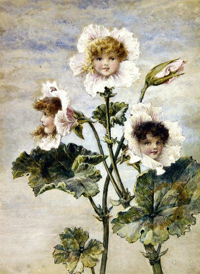 Geranium & Sweet Pea - Blomsterbarn - et par (akvarell og kroppsfarge på papir) av Rebecca Coleman