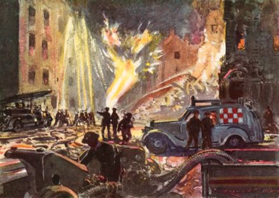 Brannmenn fra det britiske nasjonale brannvesenet i krigstid som håndterer en brennende gassledning under Blitz, andre verdenskrig av Reginald Mills