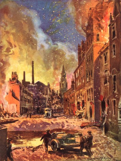Brannmenn fra krigstidens britiske nasjonale brannvesen inspiserer et stort bombekrater under Blitz, andre verdenskrig av Reginald Mills
