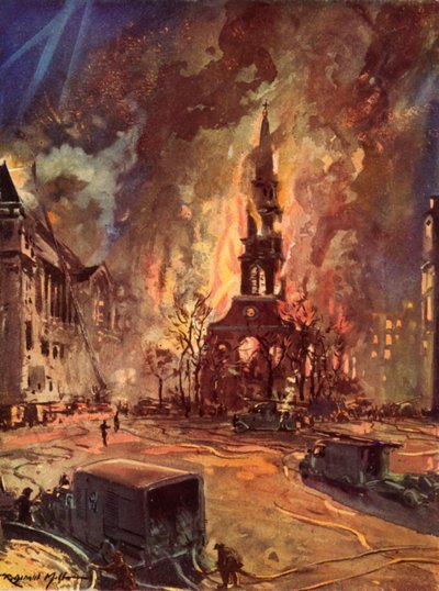 St Clement Danes Church, Strand, London, i brann under Blitz, andre verdenskrig av Reginald Mills